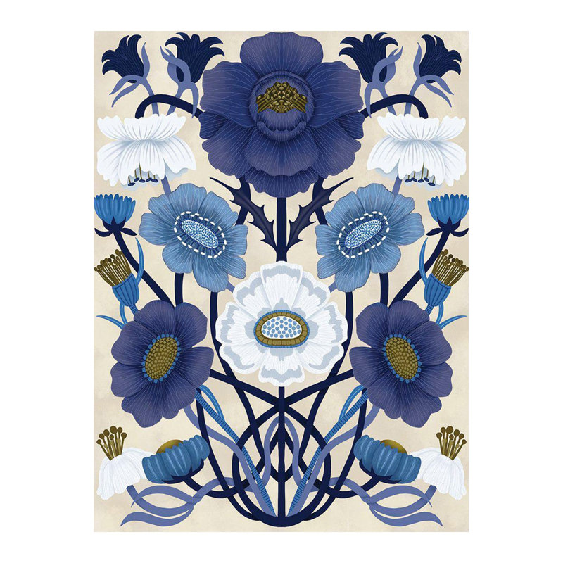 Tapis bleu lavable à la machine à motif floral de la collection Barcelona, Tapis de couloir 2 pi 6 po x 6 pi 7 po