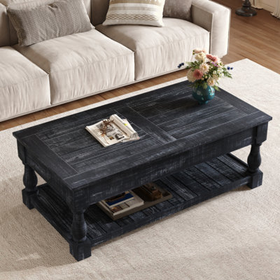 Table basse polyvalente à plateau relevable noir vieilli avec tablettes et plateaux de rangement