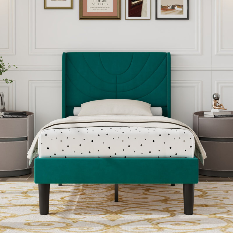 Twin Size Velvet Bed Frame with Wingback Headboard, Upholstered Platform Bed with Wing Side Channel Tufted Headboard, Solid Wooden Slats Support, No Box Spring Needed, Noise Free, Dark Green