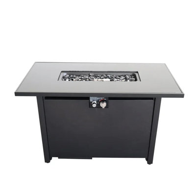 Table de foyer d'extérieur en acier de 25 po H x 42 po avec couvercle - foyer de patio et de terrasse chic pour le patio, matériau, finition antirouille, plateau en acier inoxydable, pierres de lave, réservoir de carburant de porte latérale, contrôle d'allumage, protection