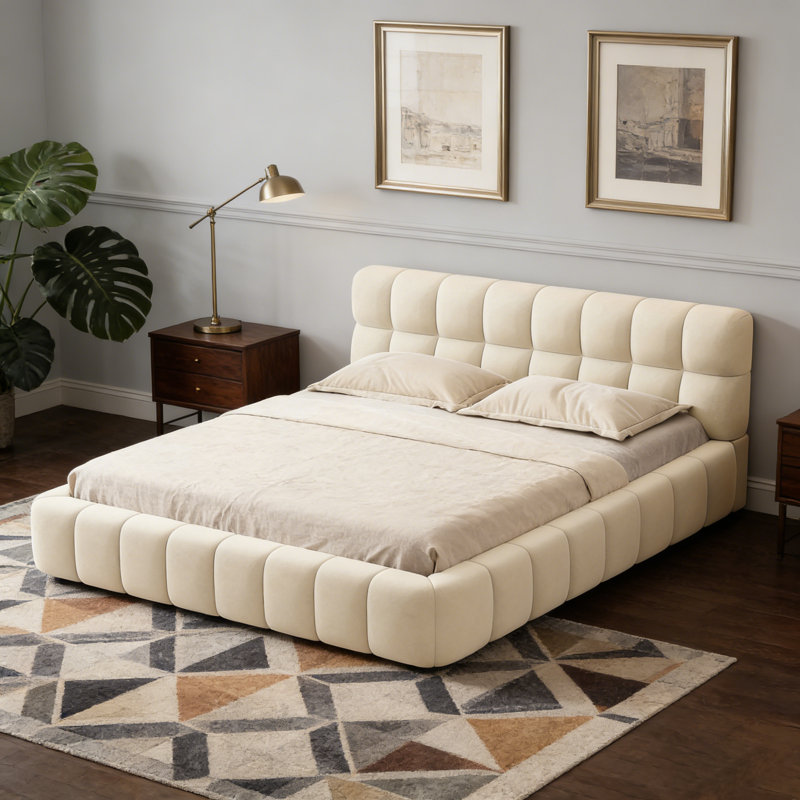 Lit plateforme tapissier bas avec tête de lit capitonnée Bohunice, Beige, Queen