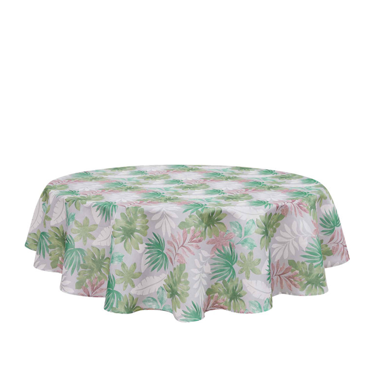 70" Round Gray and Green Polyester Tablecloth with Tropical Print