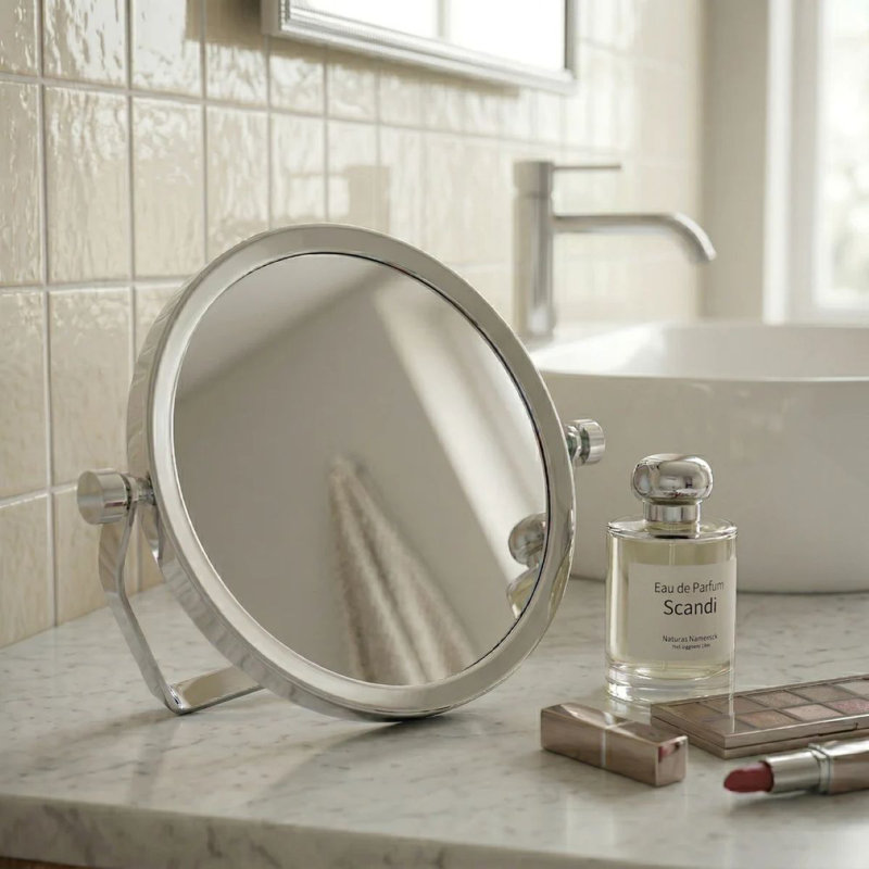 Miroir de voyage 2 faces 5x et normal avec support intégré. Étui en néoprène inclus. 