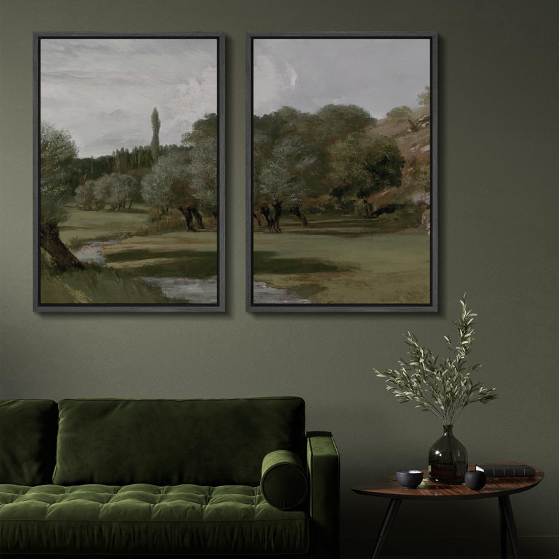 «Verdant Grove By The River Twin Landscape», 2 pièces sur toile, Noir, H 24 po x l 32 po