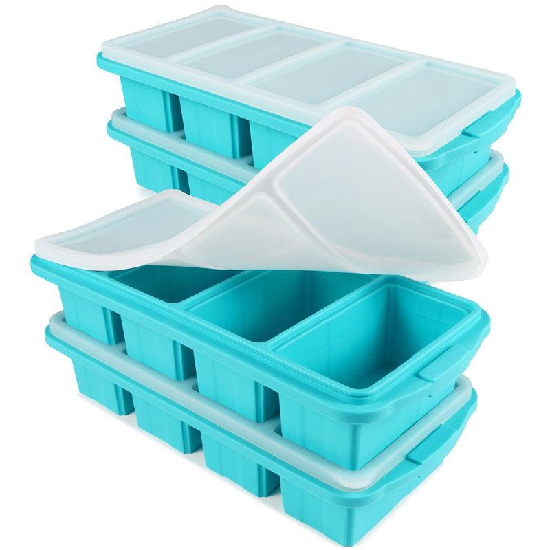 Plateau de congélateur en silicone avec couvercle - Moules pour aliments de congélateur en silicone - Grand plateau de glaçons, paquet de 4 contenants de congélateur en silicone, soupe à congeler et à ranger, sauce, bouillon, restes - donne 4 tasses parfaites