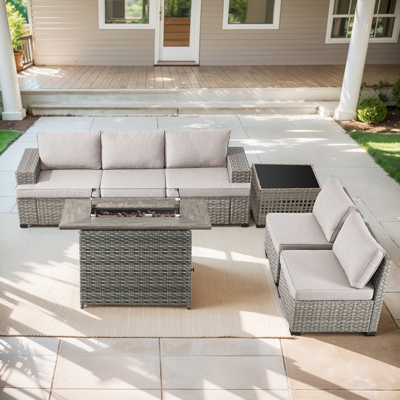 Clute Arnoltice 5 - Person Outdoor Wicker Rattan Patio Sofa Seating Group With Fire Pit, Armless Chairs And Side Table, Beige