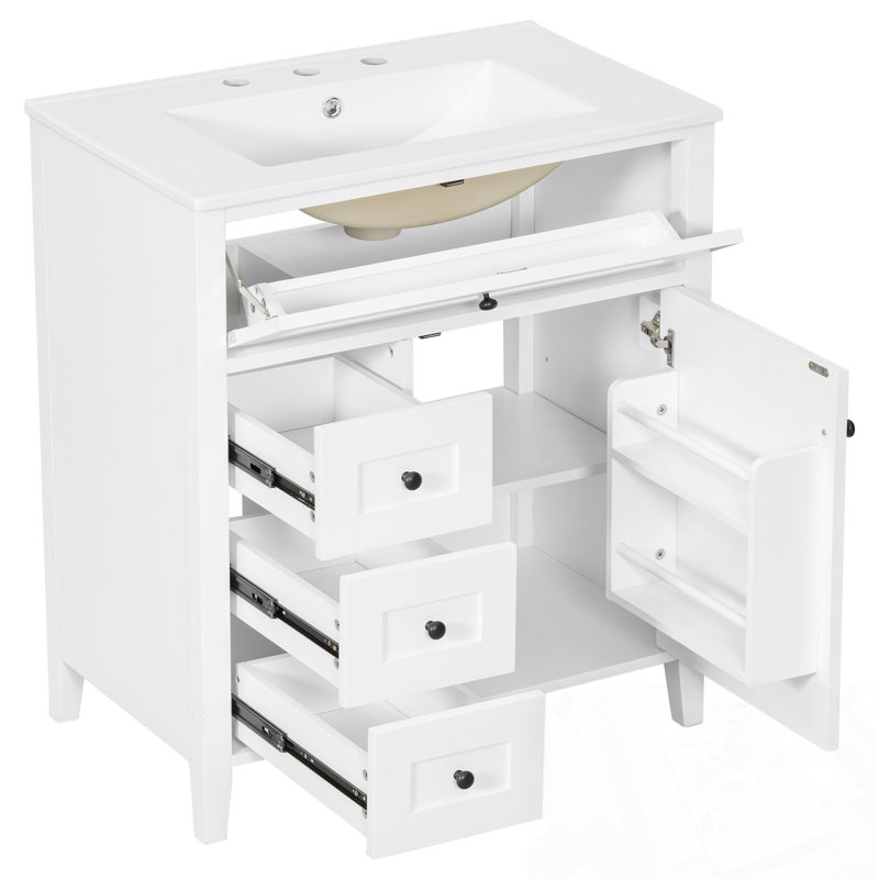 Meuble-lavabo avec lavabo, 3 tiroirs et tablette réglable, Blanc / argenté