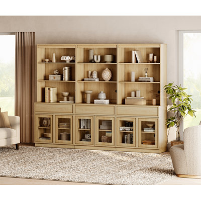 Modern 72" Tall Bookshelf with Glass Doors and Adjustable Shelves, Library Bookcase with Storage Cabinet and Drawers, Wood Book shelf for Home Office,