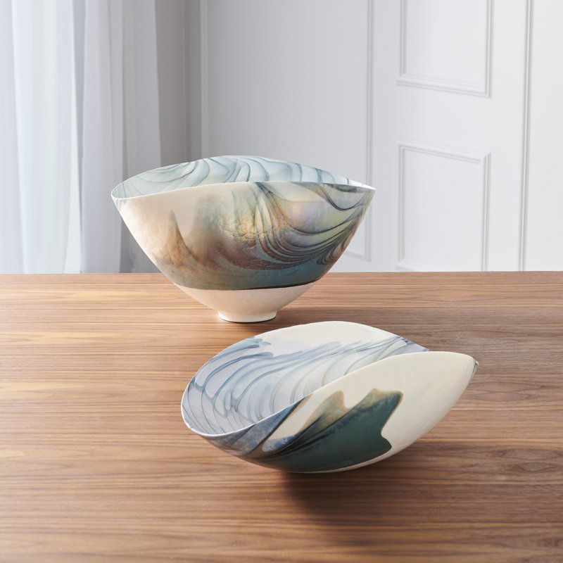 Ivory Turquoise Feather Swirl Oval Bowl-Lg