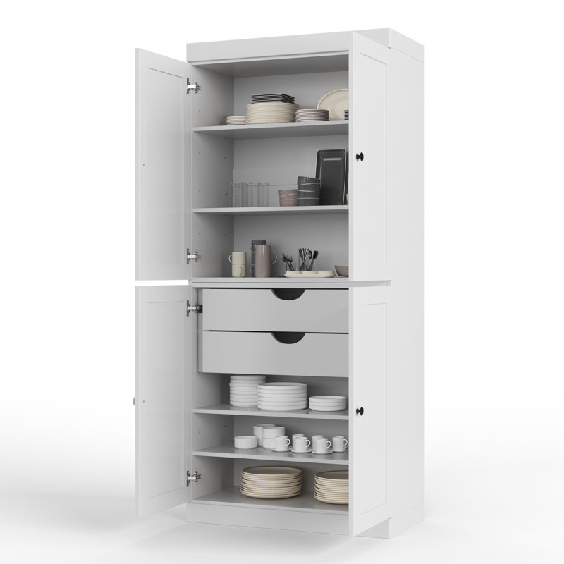 100% Solid Wood 32" Pantry Cabinet with Shaker Doors, 2-Drawers and Adjustable Shelves, White
