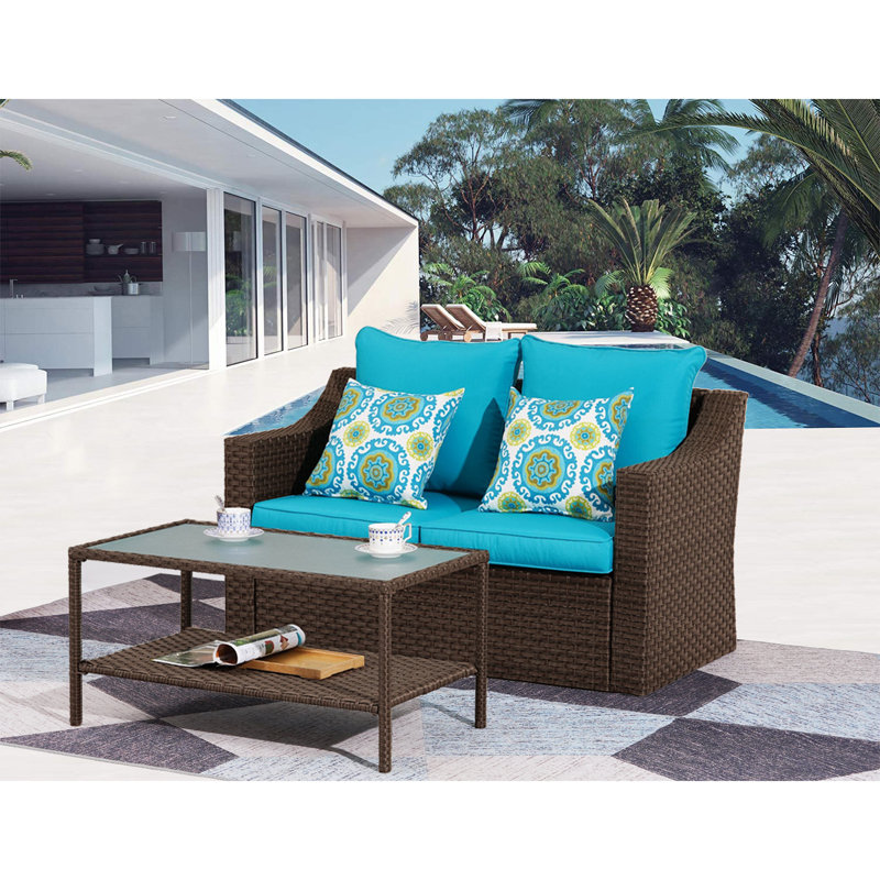 Causeuse d'extérieur en rotin 2 pièces avec table Amento, Structure brune / coussin bleu