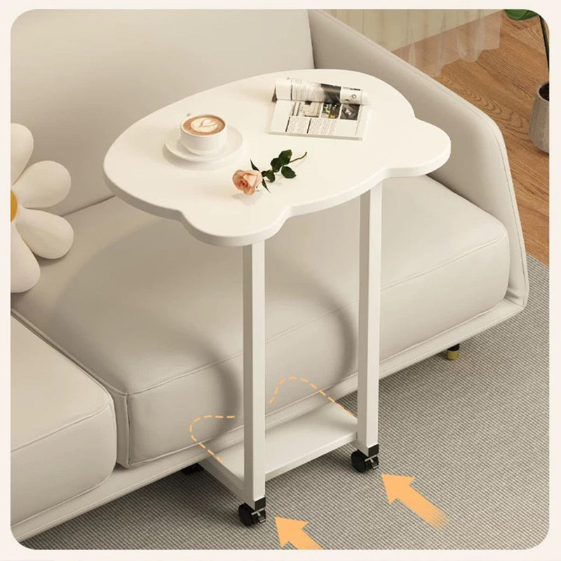 Side Table With Wheels,C Shaped White End Table,Small Side Table For Couch Sofa Table,Round Coffee Table,Mobile Standing Desk,Tall Tv Tray Table For Living Room,Bedroom,Metal Frame