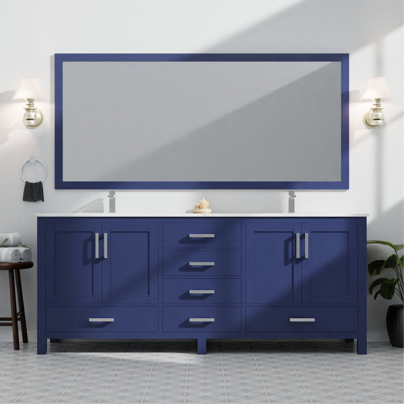 Ensemble de meuble-lavabo double, plateau en marbre de Carrare et robinet (sans évier), Navy Blue