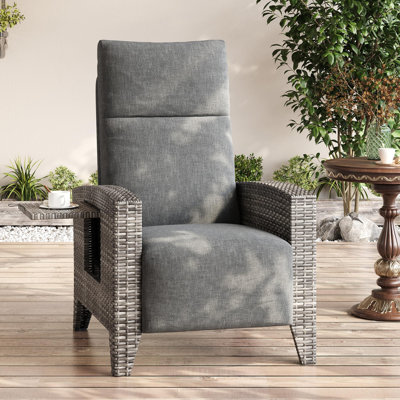 Outdoor Wicker Recliner Chair with Adjustable Backrest and Footrest, Patio Lounge Chair with Flip-Up Table and Cushion, Steel Frame