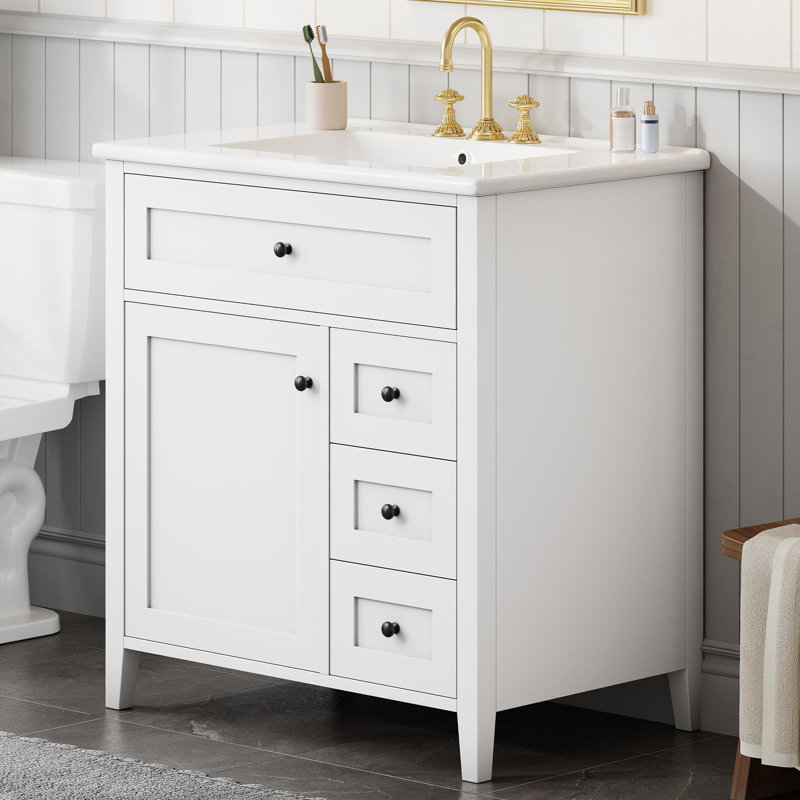 Meuble-lavabo autoportant de 30 po avec lavabo et rangement multifonctionnel, Blanc, 30