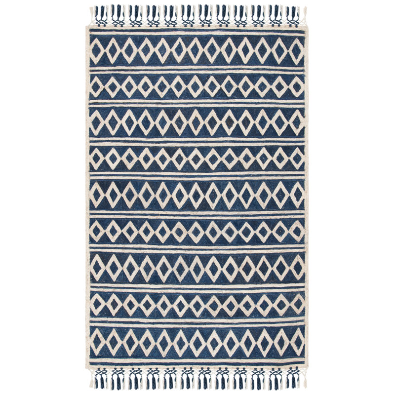 Cunningham Hand Tufted Jute/Cotton Geometric Rug in Blue/Beige, Rectangle 5' x 8'