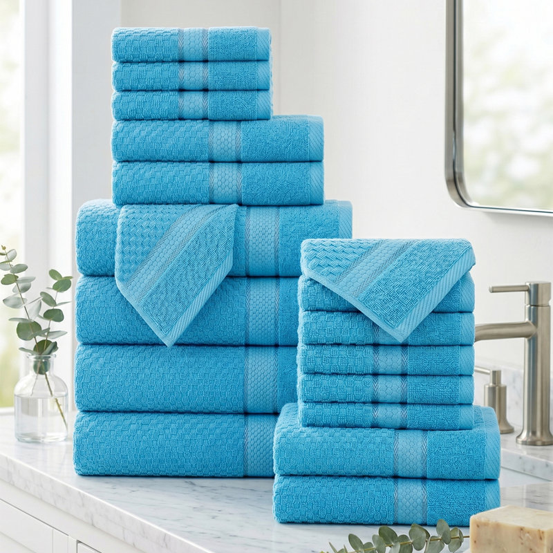 Collection de serviettes 100% coton Obed, Bleu ciel, Ensemble de serviettes 18 pièces