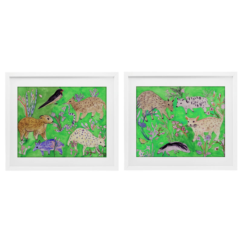 Quirky Meadow Menagerie, ensemble de 2 reproductions encadrées sous verre, par Melissa Wang, H 13 po x l 16 po
