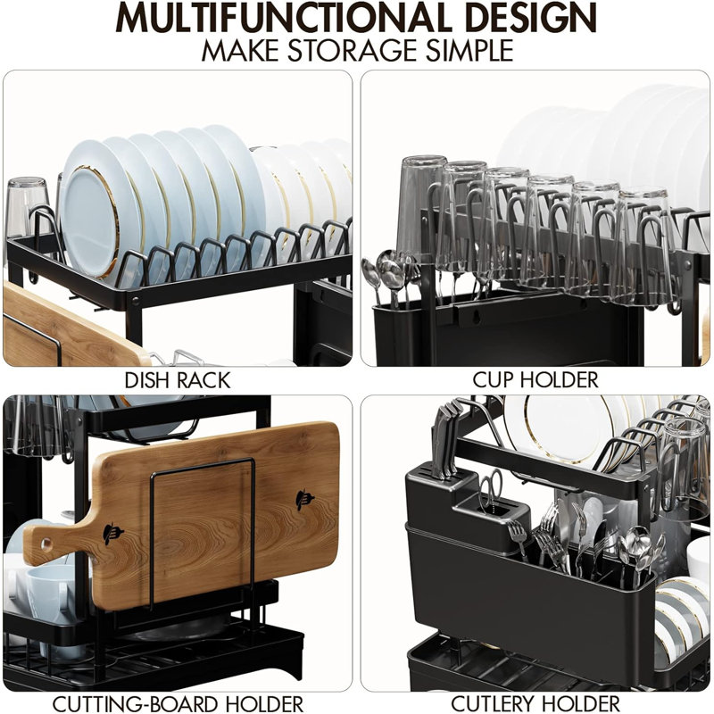 Black Metal 2-Tier Dish Drying Rack with Utensil Cup