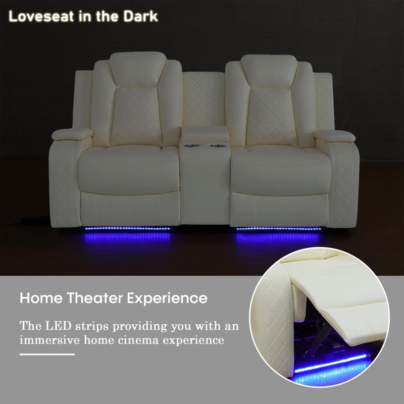 73.5" Power Recliner With Middle Console,LED Lighting Loveseat, Cream
