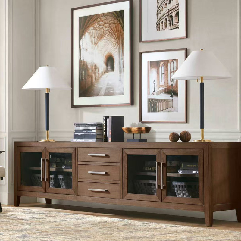 Meuble télé en bois massif avec 2 armoires et tablettes, H 25,7 po x L 18,11 po x l 94,48 po