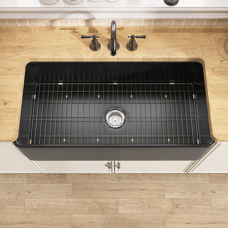 Évier de cuisine simple en argile réfractaire 36 po avec évier de cuisine et drain, Noir