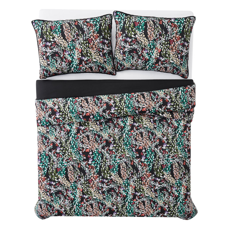 Full Black Cotton Sateen Duvet Cover Set with Floral Design