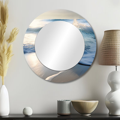 Beach Wave Scenery Photo I - Waves Wall Mirror, Blue Round Decorative Mirror, Printed Metal Art