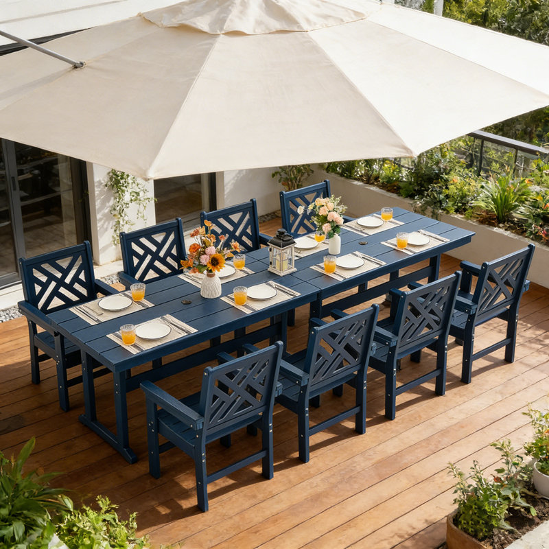 Ensemble de salle à manger de patio Hdpe toutes saisons avec trou pour parasol, 8