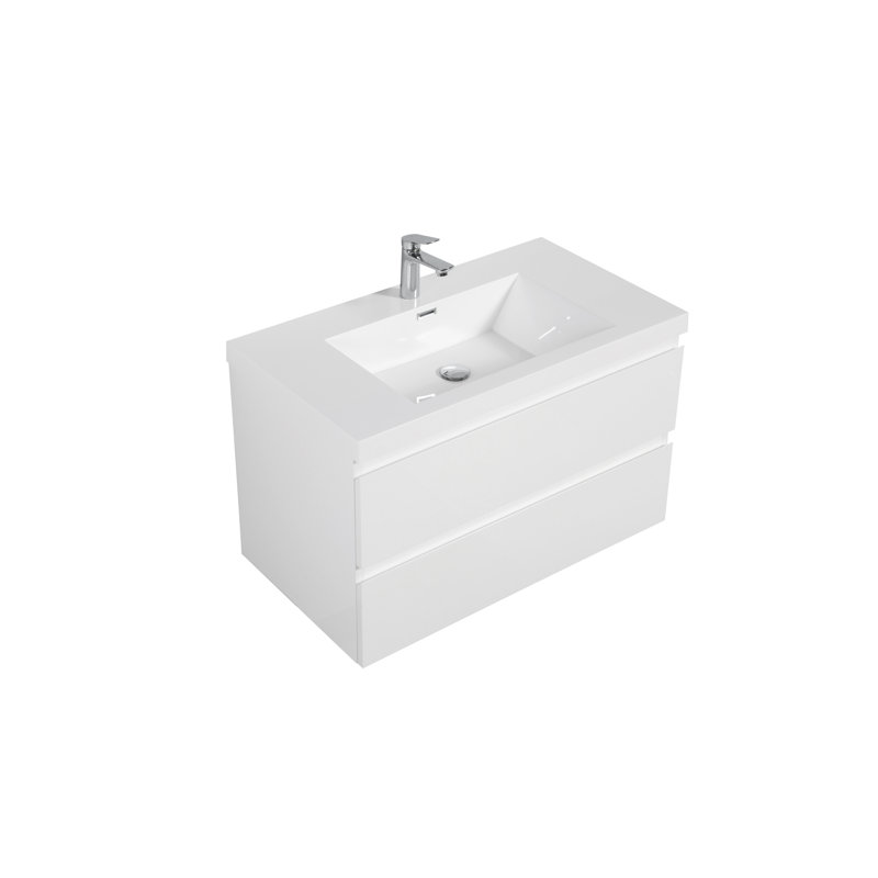 Meuble-lavabo flottant moderne 36 po avec lavabo en résine, armoire de rangement murale, tiroirs à fermeture en douceur, finition blanc brillant