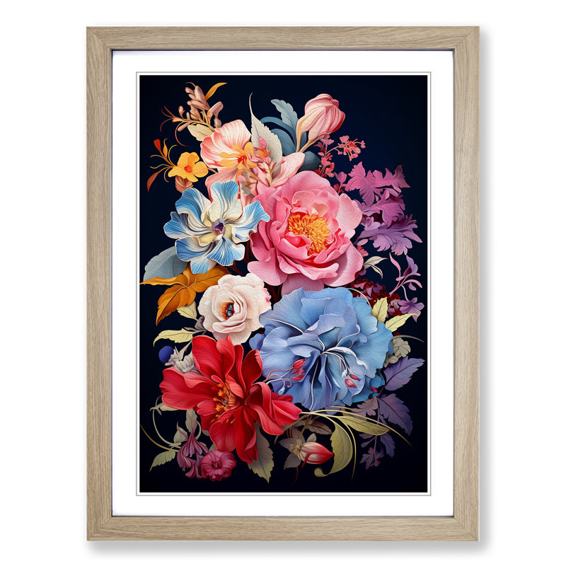 Floral Art Deco - Framed Print, 34cm H x 25cm W x 2cm D, Oak