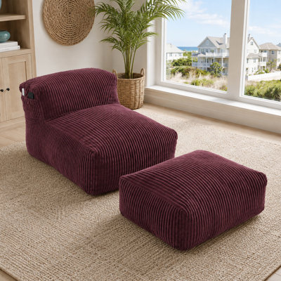 Modern Corduroy Big Bean Bag Chair with Ottoman, Memory Foam Filled Lounger Sofa for Living Room Bedroom Balcony