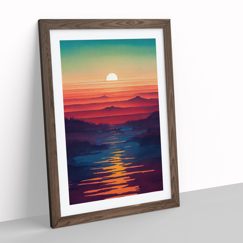 Sunset over Mountains - Wall Art, 36cm H x 27cm W x 2cm D, Walnut Framed Paper, White