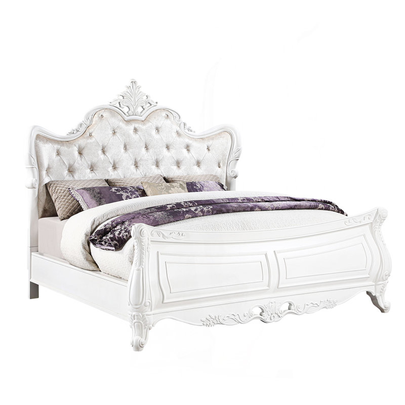Grand lit de style moderne en bois blanc perle, Grand lit