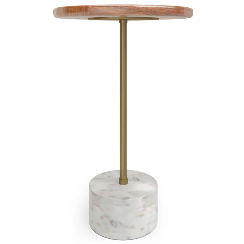 Becker 15"W Solid Acacia Wood Modern Round Side Table with Antique Brass Stem and Marble Base