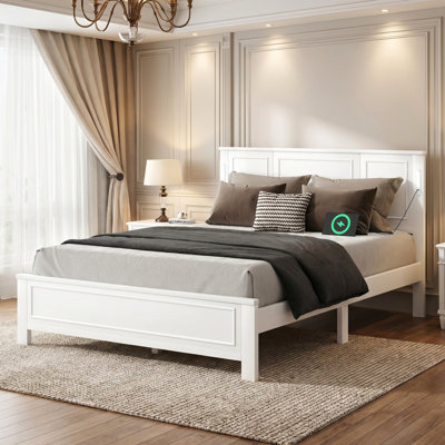 Queen/King Size Wood Bed Frame with LED Lights & USB Charging, Solid Pine Bed with Tall Panel Headboard, No Box Spring Needed, Easy Assembly, Walnut/White