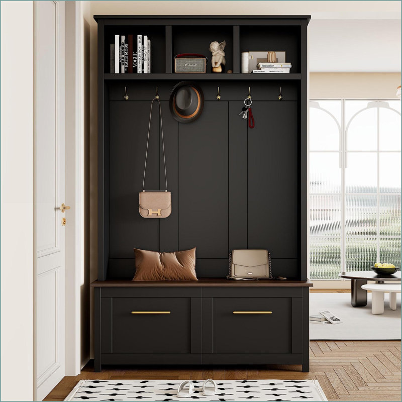 Portemanteaux 4 en 1 avec banc, 6 crochets, 2 tiroirs, noir / brun, H 76,6 po | Noir | Panneau de particules