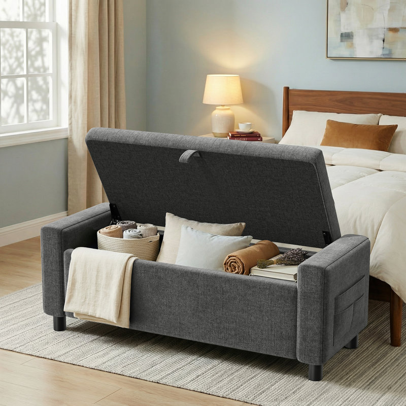 Banc de rangement avec repose-pieds de 45,3 po, banc de bout rembourré plus épais de 3,14 po avec compartiment caché de 30 gallons et poche latérale, pour chambre à coucher, salon, entrée, gris foncé
