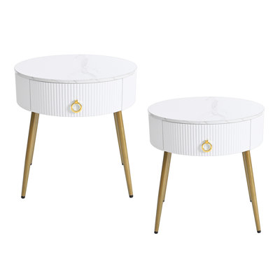 Tables de bout avec plateau de table en faux marbre ultrabrillant, ensemble de 2, 2 tables d'appoint cannelées modernes, noir