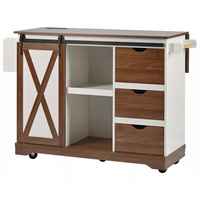 55.5-Inch Farmhouse Kitchen Island with Drop Leaf, Barn Door, and Charging Station, Ideal for Modern and Rustic Kitchens by CARPET DESIGN UNLIMITED 2015 LLC