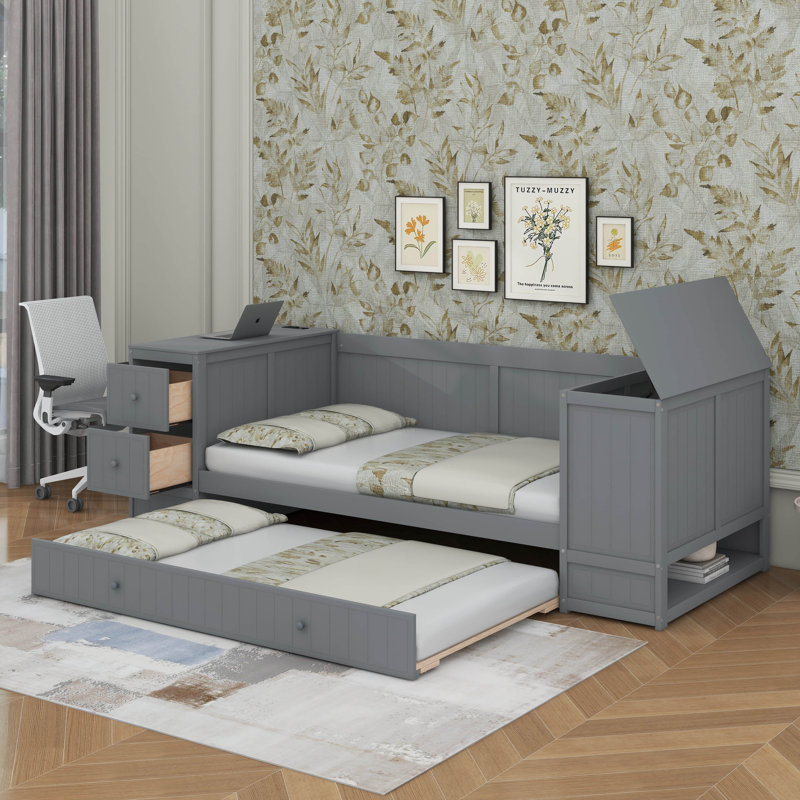 Twin Size Daybed With Trundle, Storage Arms And Charging Station, Gray