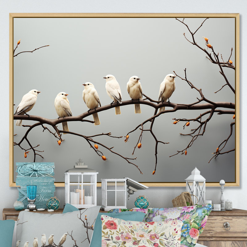 Reproduction d'art sur toile Contemporary Bird of Birds On Branch, Cadre naturel flottant, H 12 po x l 20 po x P 1 po