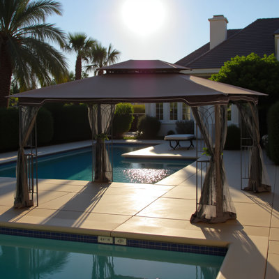 Tente de pavillon pour terrasse 13 x 10 avec toit double ventilé et moustiquaire (moustiquaire amovible sur tous les côtés), convenant à la pelouse, au jardin, à la cour et à la terrasse, avec plateau brun