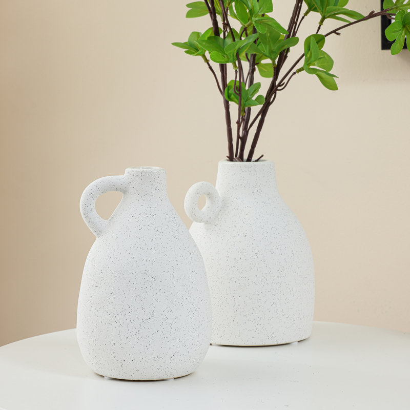 Modern White Speckled Ceramic Vase Set of 2 with Handles, Matte Terracotta Decorative Flower Vase