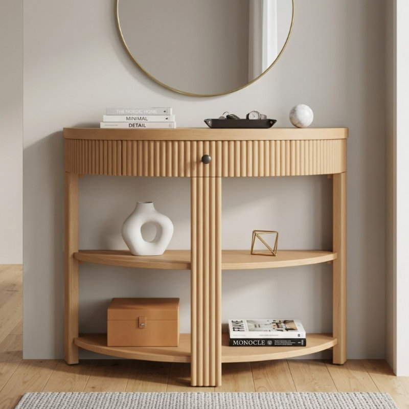 Console cannelée demi-lune, table d'entrée en bois espresso avec tiroir incurvé et 2 tablettes de rangement ouvertes, Naturel