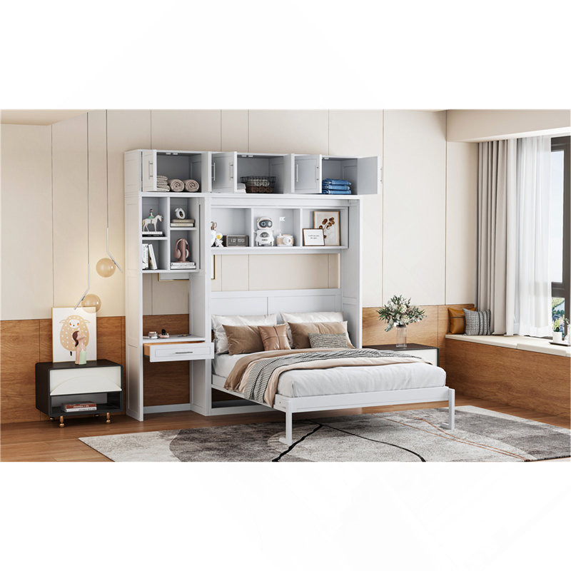 Grand lit escamotable mural avec bureau, armoire supérieure et tablettes de rangement, lit pliant peu encombrant, Grand lit