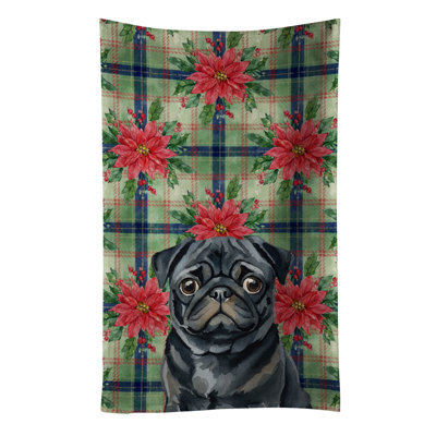 Black Pug Christmas PoinsettIas Kitchen Towel