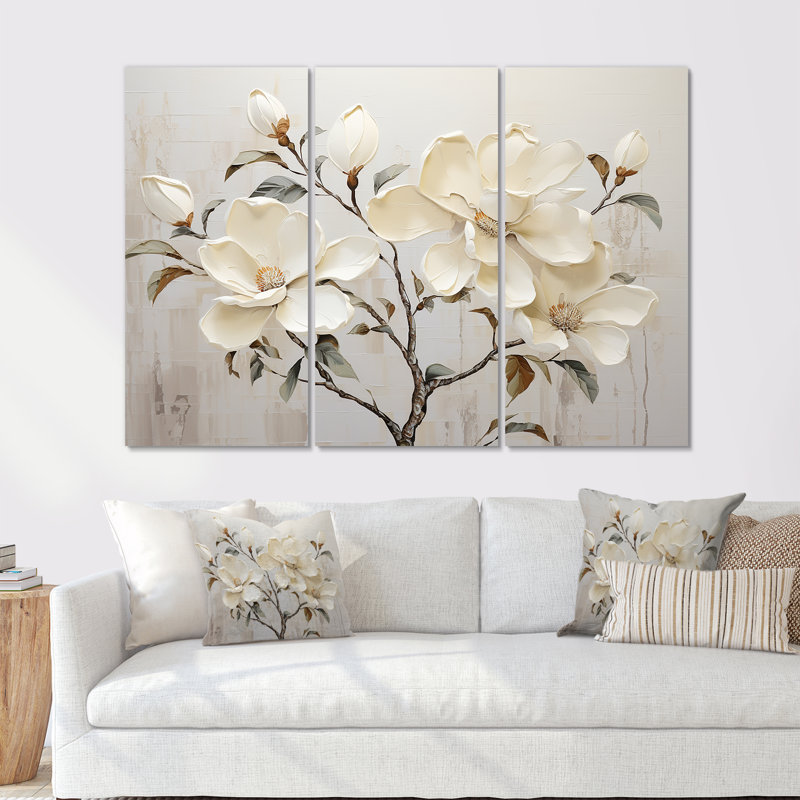 «Magnolias beige et vert», ensemble d'art mural sur toile Magnolias, H 32 po x l 48 po x P 1 po, Toile tendue