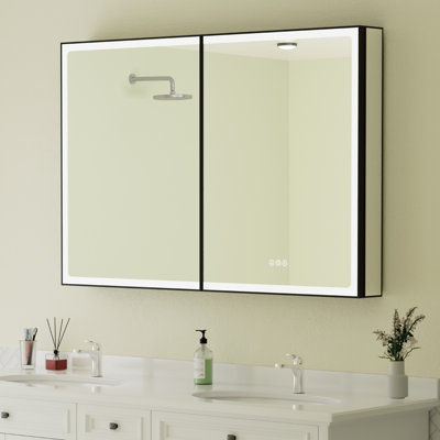 Armoire à pharmacie l 32 po x H 32 po avec miroir, armoire de salle de bain encastrée ou à fixation en surface avec lumières DEL, cadre en aluminium, anti-buée, tablette réglable en verre trempé, lumière à intensité variable, prises et USB, noir