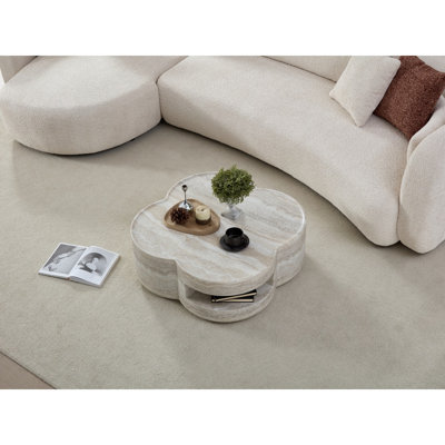 31.5" Clover Round Faux Marble Coffee Table – No Assembly Required, Anti-Slip Raised Edge, Open Storage Shelf, Scratch & Stain Resistant, Modern Minimalist Living Room Table